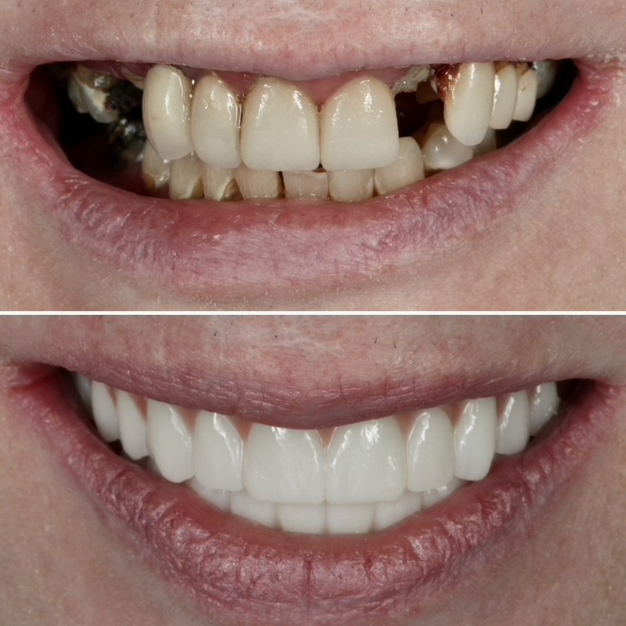 Full Mouth Reconstruction with Full Arch Implant Fixed Bridge. Before on top and after below.