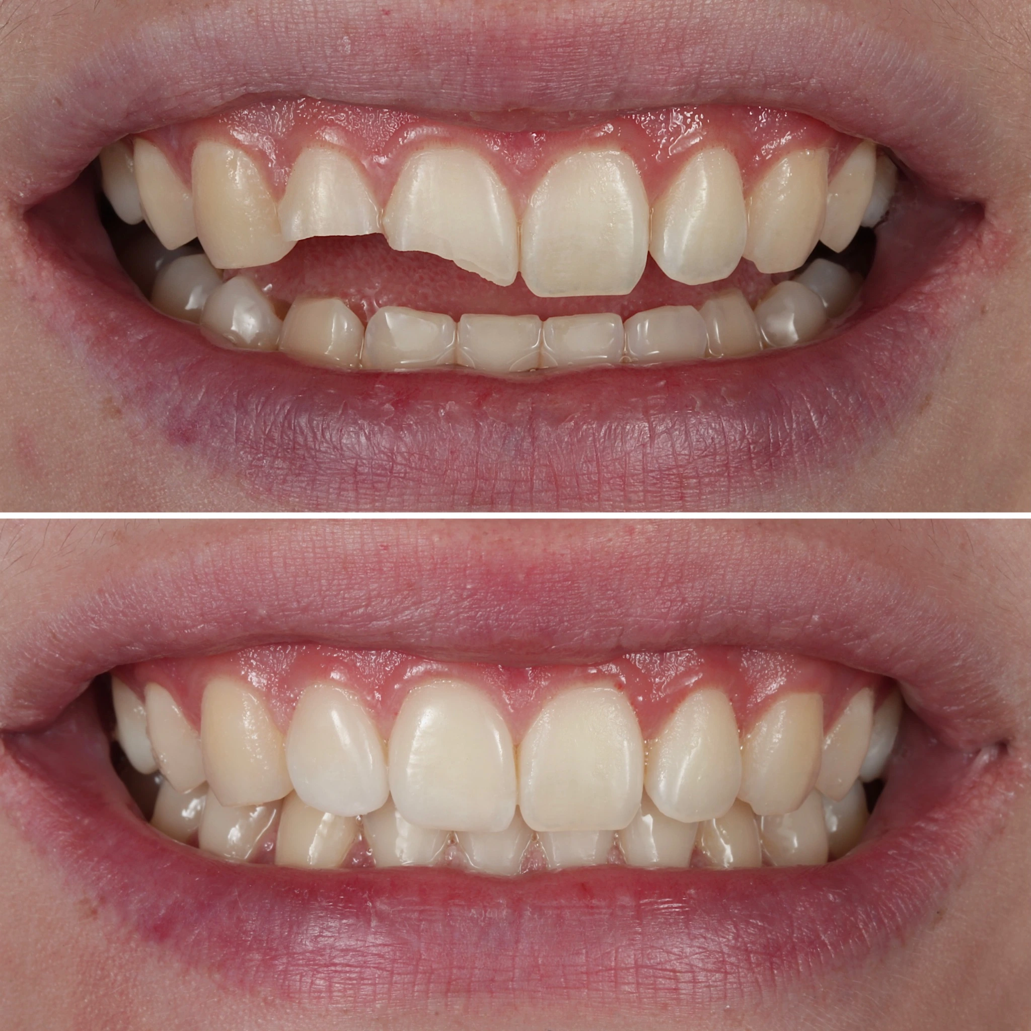 Fixing fractured teeth using porcelain veneers. Before on top and after below.